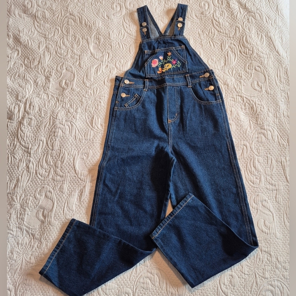 Vintage girls size 10 jean Looney Tunes cropped overalls embroidered EUC